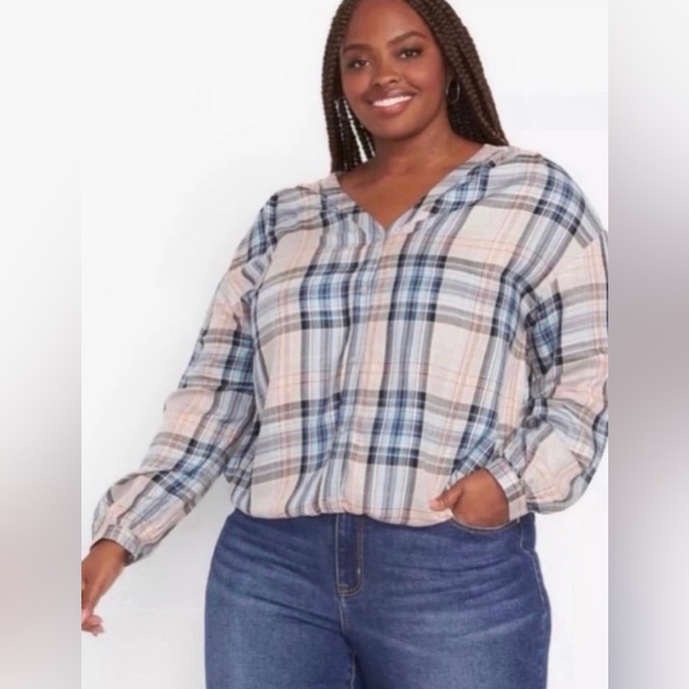 Lane Bryant Button Down Plaid Top W/Elastic Hem Size 18/20 New